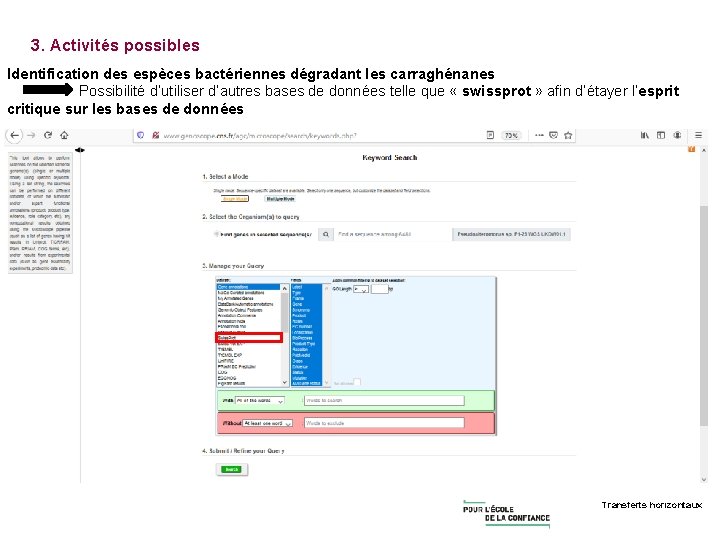 3. Activités possibles Identification des espèces bactériennes dégradant les carraghénanes Possibilité d’utiliser d’autres bases