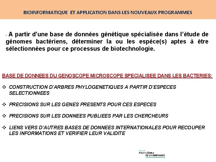 BIOINFORMATIQUE ET APPLICATION DANS LES NOUVEAUX PROGRAMMES - A partir d’une base de données