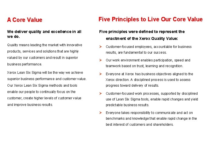 A Core Value Five Principles to Live Our Core Value We deliver quality and