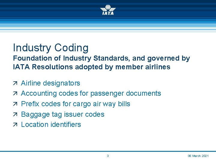 Industry Coding Foundation of Industry Standards, and governed by IATA Resolutions adopted by member