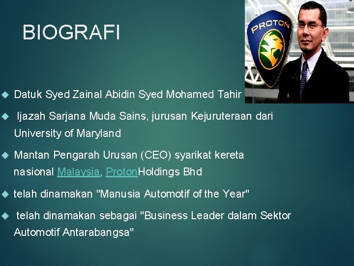 BIOGRAFI Datuk Syed Zainal Abidin Syed Mohamed Tahir Ijazah Sarjana Muda Sains, jurusan Kejuruteraan