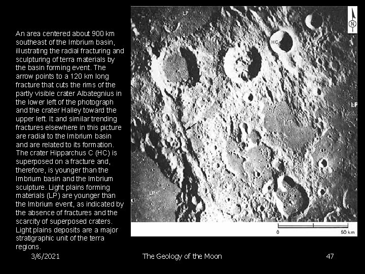 An area centered about 900 km southeast of the Imbrium basin, illustrating the radial