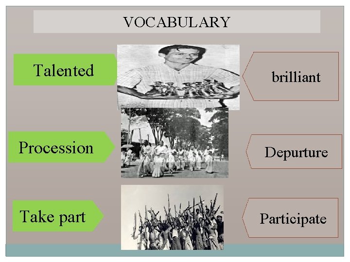 VOCABULARY Talented brilliant Procession Depurture Take part Participate 