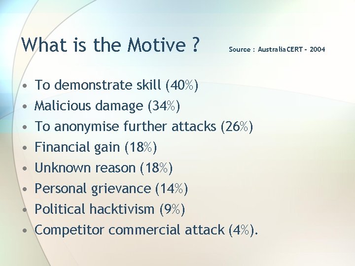 What is the Motive ? • • Source : Australia. CERT - 2004 To