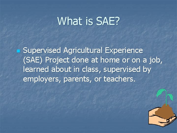 What is SAE? n Supervised Agricultural Experience (SAE) Project done at home or on