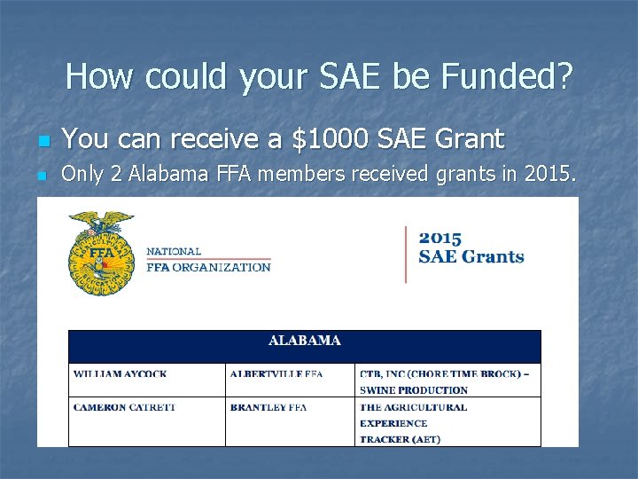 How could your SAE be Funded? n You can receive a $1000 SAE Grant