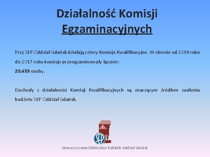 Działalność Komisji Egzaminacyjnych Przy SEP Oddział Gdańsk działają cztery Komisje Kwalifikacyjne. W okresie od