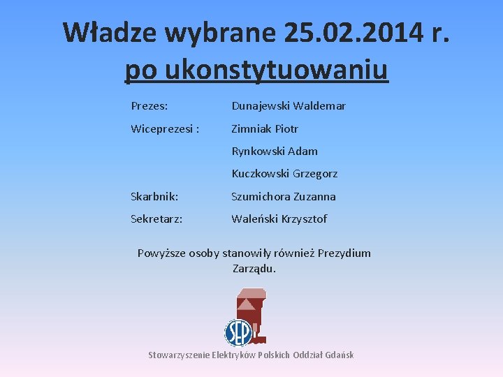 Władze wybrane 25. 02. 2014 r. po ukonstytuowaniu Prezes: Dunajewski Waldemar Wiceprezesi : Zimniak