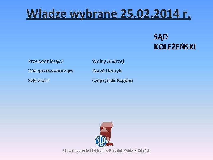 Władze wybrane 25. 02. 2014 r. SĄD KOLEŻEŃSKI Przewodniczący Wolny Andrzej Wiceprzewodniczący Boryń Henryk