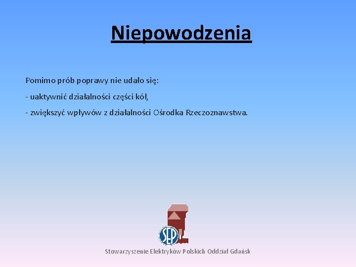 Niepowodzenia Pomimo prób poprawy nie udało się: - uaktywnić działalności części kół, - zwiększyć