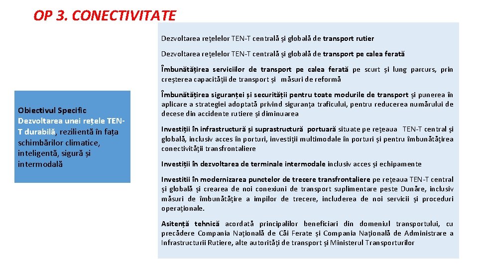 OP 3. CONECTIVITATE Dezvoltarea rețelelor TEN-T centrală și globală de transport rutier Dezvoltarea rețelelor OP 3. CONECTIVITATE Dezvoltarea rețelelor TEN-T centrală și globală de transport rutier Dezvoltarea rețelelor