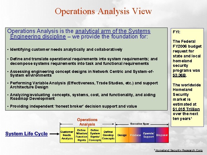 Operations Analysis View Operations Analysis is the analytical arm of the Systems Engineering discipline