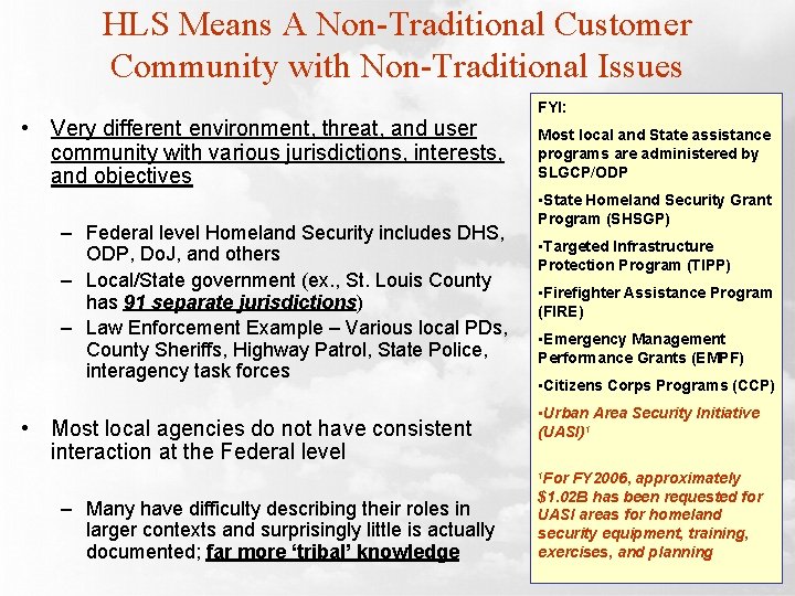 HLS Means A Non-Traditional Customer Community with Non-Traditional Issues • Very different environment, threat,