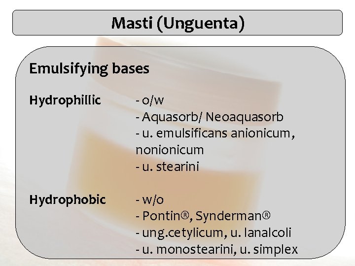 Masti (Unguenta) Emulsifying bases Hydrophillic - o/w - Aquasorb/ Neoaquasorb - u. emulsificans anionicum,