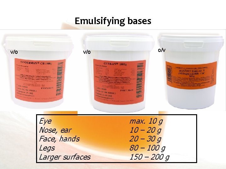 Emulsifying bases v/o Eye Nose, ear Face, hands Legs Larger surfaces o/v max. 10
