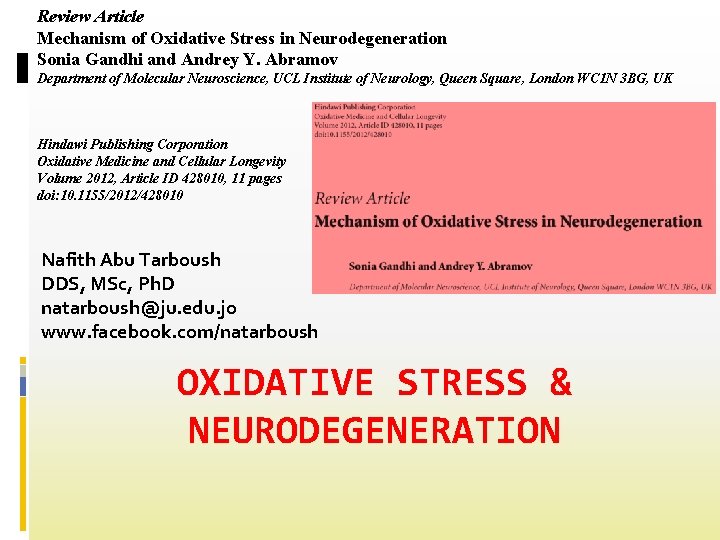 Review Article Mechanism of Oxidative Stress in Neurodegeneration