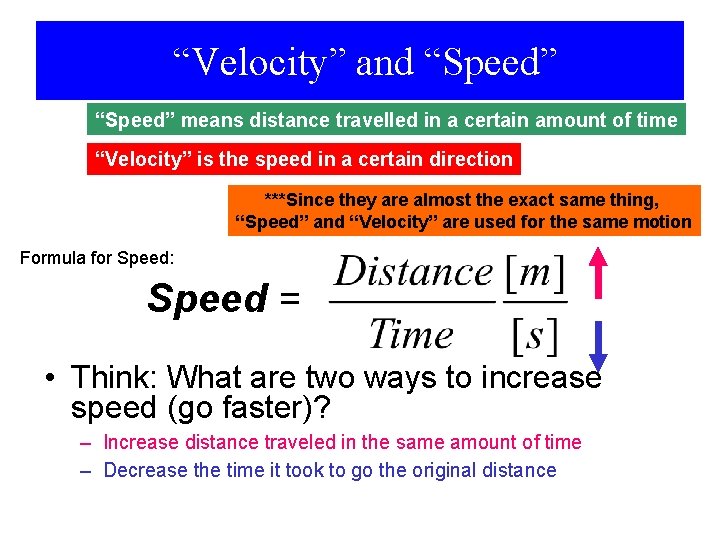 “Velocity” and “Speed” means distance travelled in a certain amount of time “Velocity” is