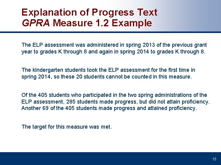 Explanation of Progress Text GPRA Measure 1. 2 Example The ELP assessment was administered