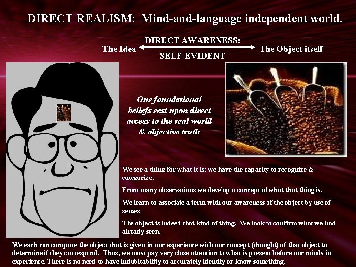 DIRECT REALISM: Mind-and-language independent world. The Idea DIRECT AWARENESS: SELF-EVIDENT The Object itself Our