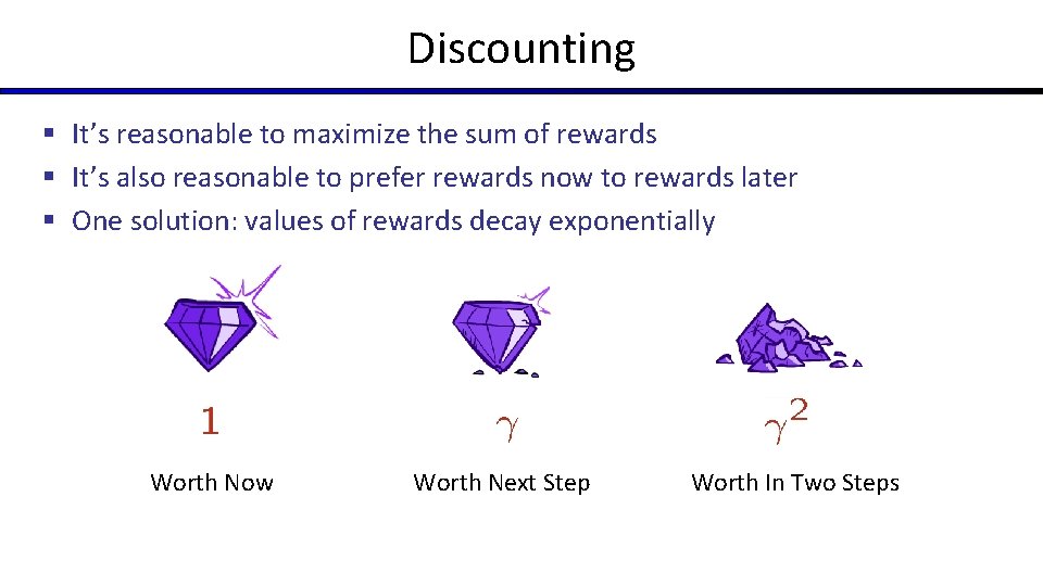 Discounting § It’s reasonable to maximize the sum of rewards § It’s also reasonable