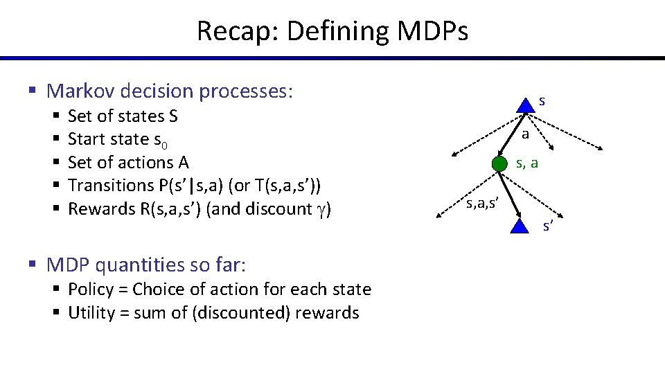 Recap: Defining MDPs § Markov decision processes: § § § Set of states S