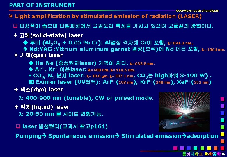 PART OF INSTRUMENT Overview: optical analysis Light amplification by stimulated emission of radiation (LASER)