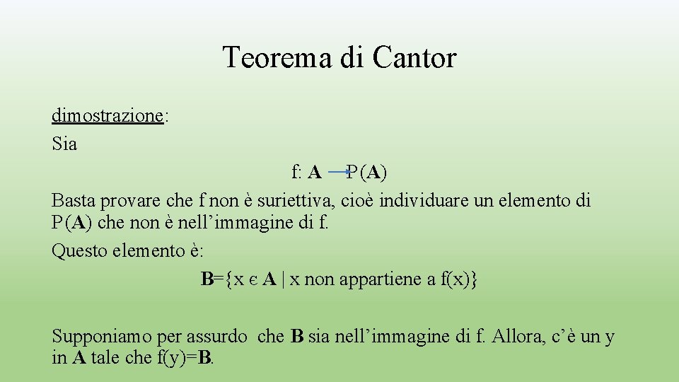 Teorema di Cantor dimostrazione: Sia f: A P (A) Basta provare che f non