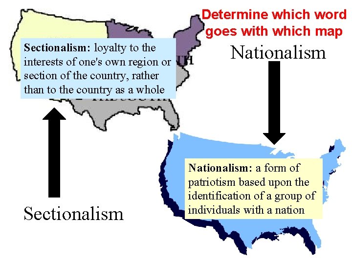 Determine which word goes with which map Sectionalism: loyalty to the interests of one's