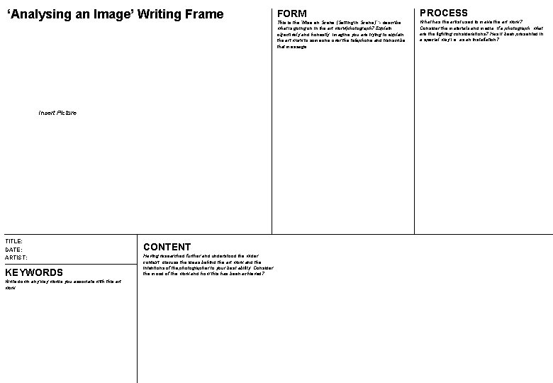 ‘Analysing an Image’ Writing Frame Insert Picture TITLE: DATE: ARTIST: KEYWORDS Write down any