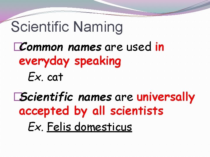 Scientific Naming �Common names are used in everyday speaking Ex. cat �Scientific names are