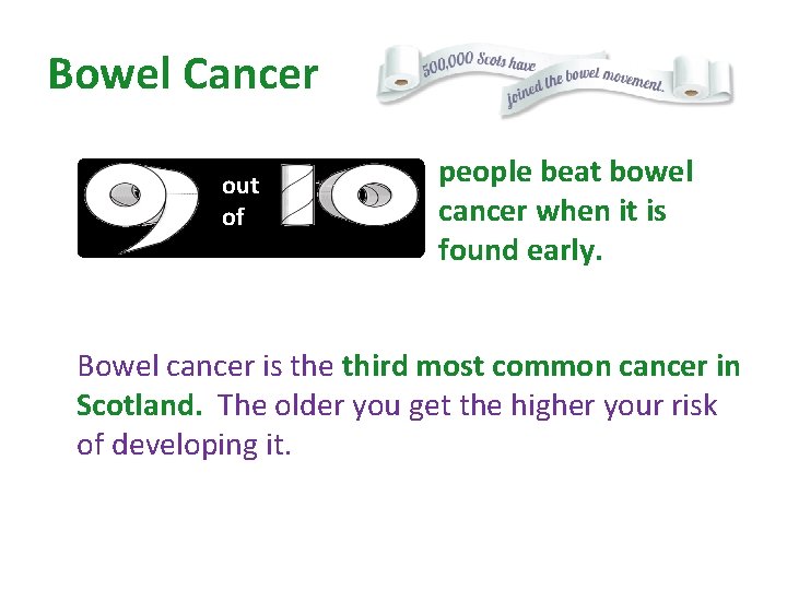 Bowel Cancer out of people beat bowel cancer when it is found early. Bowel