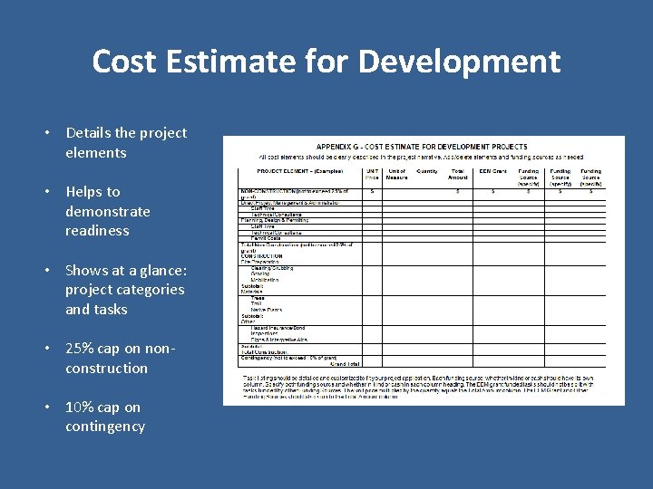 Cost Estimate for Development • Details the project elements • Helps to demonstrate readiness