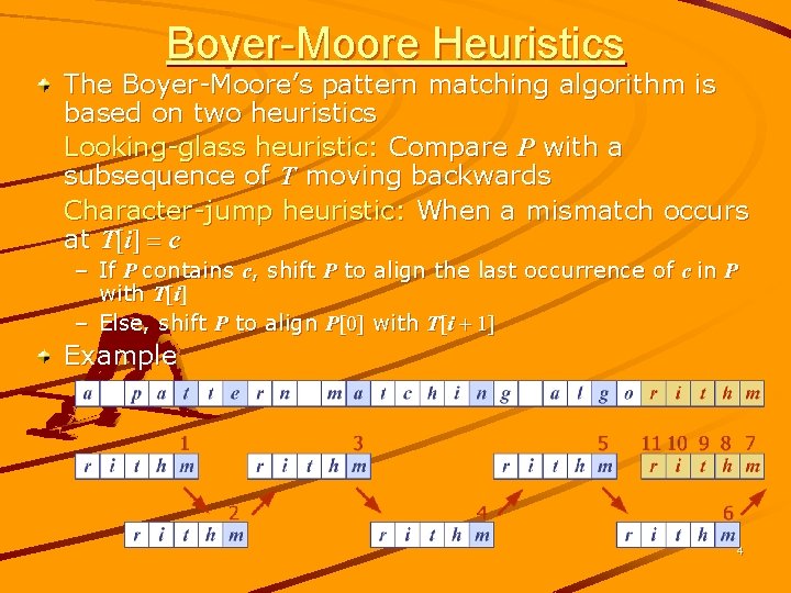 Boyer-Moore Heuristics The Boyer-Moore’s pattern matching algorithm is based on two heuristics Looking-glass heuristic: