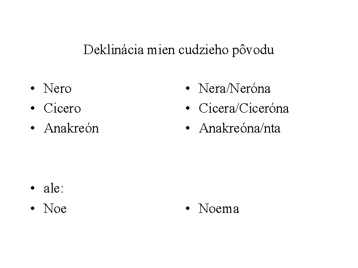 Deklinácia mien cudzieho pôvodu • Nero • Cicero • Anakreón • Nera/Neróna • Cicera/Ciceróna