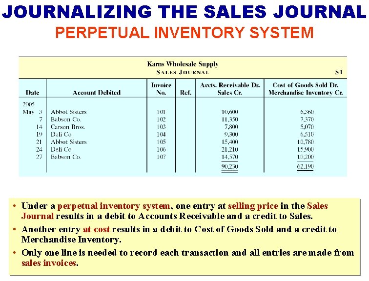 JOURNALIZING THE SALES JOURNAL PERPETUAL INVENTORY SYSTEM • Under a perpetual inventory system, one