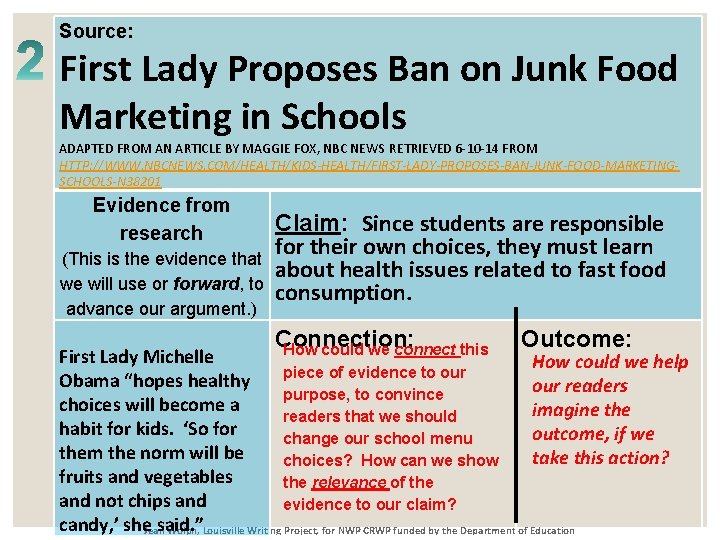 Source: First Lady Proposes Ban on Junk Food Marketing in Schools ADAPTED FROM AN
