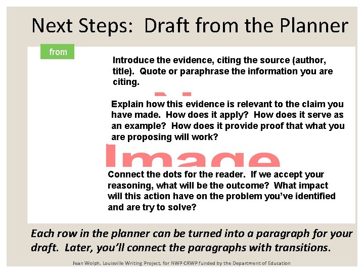 Next Steps: Draft from the Planner from Introduce the evidence, citing the source (author,