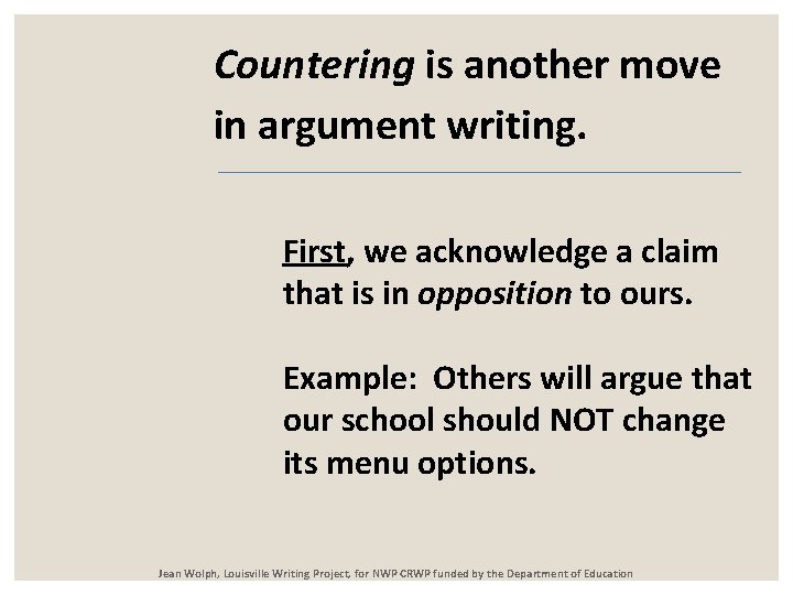 Countering is another move in argument writing. First, we acknowledge a claim that is