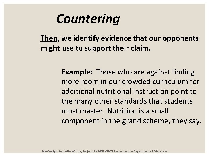 Countering Then, we identify evidence that our opponents might use to support their claim.