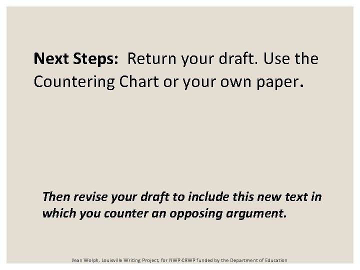 Next Steps: Return your draft. Use the Countering Chart or your own paper. Then