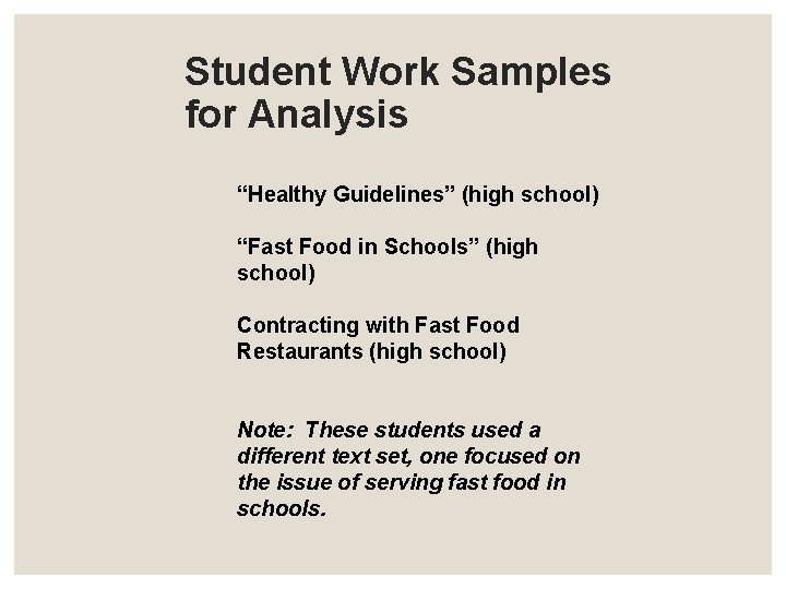 Student Work Samples for Analysis “Healthy Guidelines” (high school) “Fast Food in Schools” (high