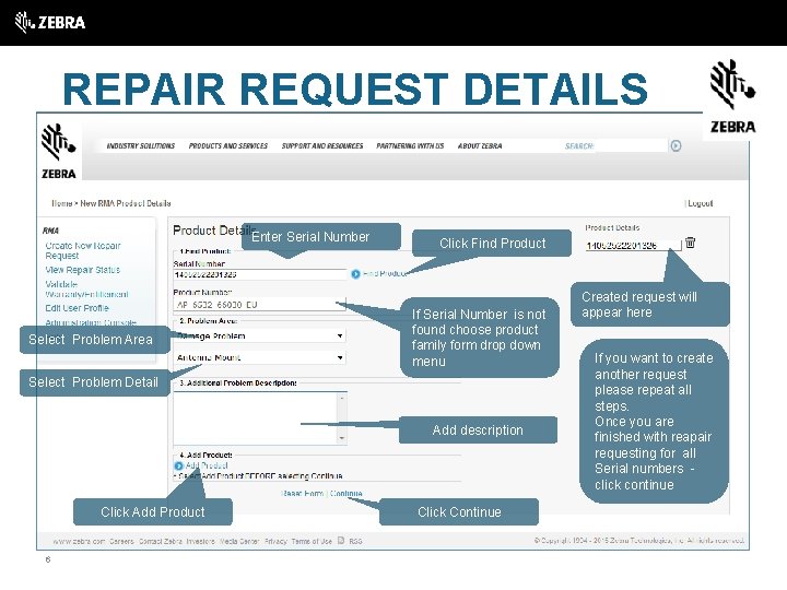 REPAIR REQUEST DETAILS Enter Serial Number Select Problem Area Click Find Product If Serial