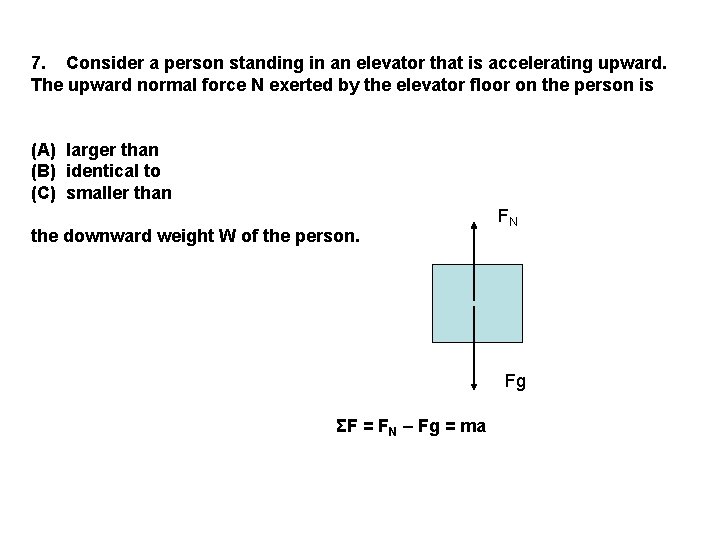 7. Consider a person standing in an elevator that is accelerating upward. The upward