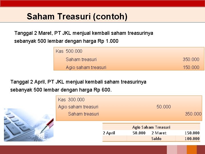 Saham Treasuri (contoh) Tanggal 2 Maret, PT JKL menjual kembali saham treasurinya sebanyak 500