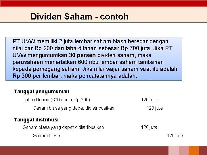 Dividen Saham - contoh PT UVW memiliki 2 juta lembar saham biasa beredar dengan