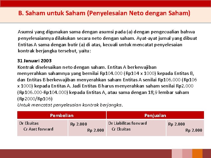 B. Saham untuk Saham (Penyelesaian Neto dengan Saham) Asumsi yang digunakan sama dengan asumsi