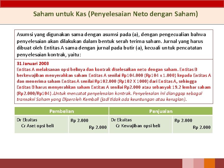 Saham untuk Kas (Penyelesaian Neto dengan Saham) Asumsi yang digunakan sama dengan asumsi pada