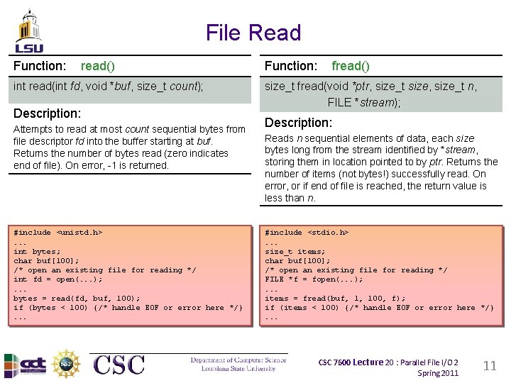 File Read Function: read() int read(int fd, void *buf, size_t count); Description: Attempts to