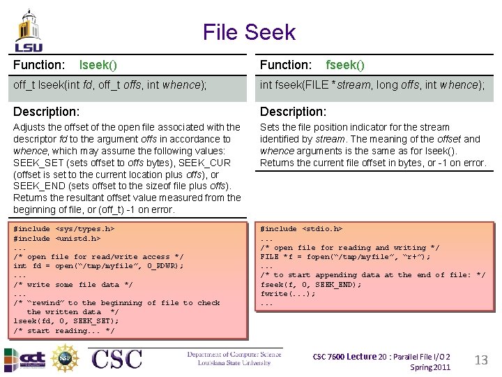 File Seek Function: lseek() Function: fseek() off_t lseek(int fd, off_t offs, int whence); int