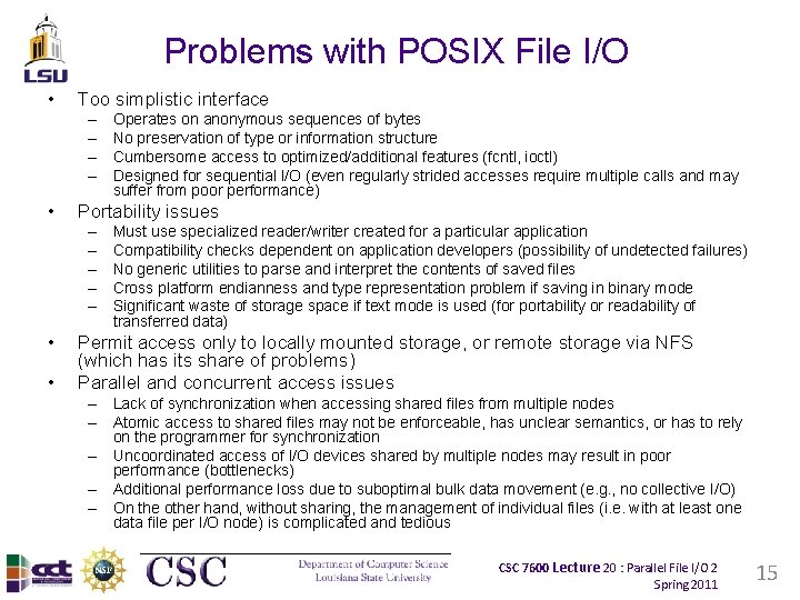 Problems with POSIX File I/O • Too simplistic interface – – • Portability issues